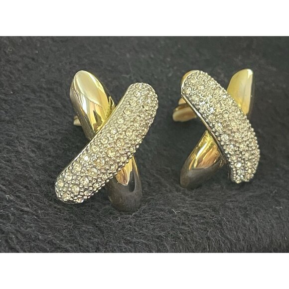 Vtg 90s Mogul gold tone & silver pave crystal designer inspired clip earrings - Picture 6 of 7